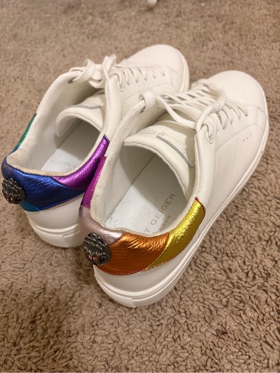 Kurt Geiger Shoes - Kurt Geiger White Leather Sneakers with Rainbow Metallic Heel Accents